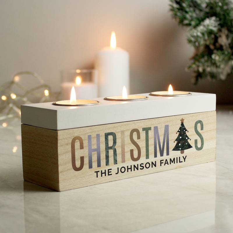 Personalised Christmas Tree Triple Tea Light Box